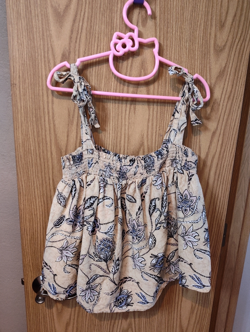 Floral Tie-Strap Smocked Tank Top - Cream & Navy